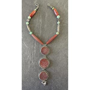 SAUTOIR PENDENTIF ETHNIQUE BERBERE - ARGENT & CORNALINE & TURQUOISE 