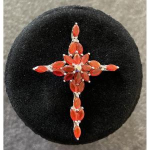PENDENTIF CROIX EN OPALE DE FEU SUR ARGENT 925