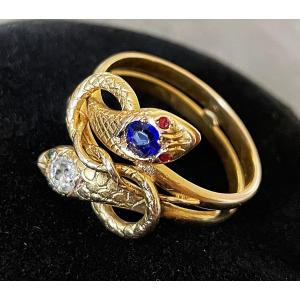 BAGUE SERPENTS AFFRONTEES -OR 18 K -SAPHIR & DIAMANT- 