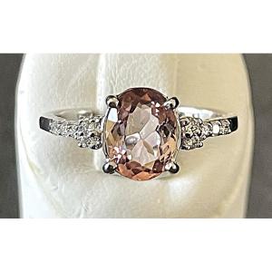 BAGUE EN OR 18 K - NUMEROTE - TOURMALINE ROSE SAUMONE  & DIAMANTS - POINCON TETE D AIGLE - XX°