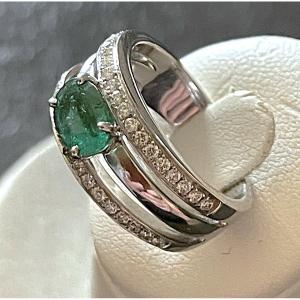 18k White Gold Ring - Emeralds & Diamonds - 20th Century