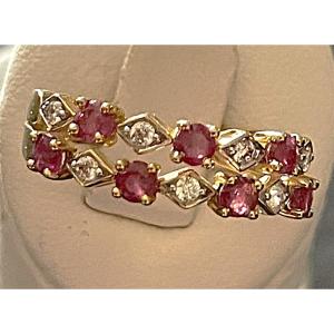 BAGUE JARRETIERE EN OR 9K - SERTIE PIERRES ROUGE & BLANCHE- XX°