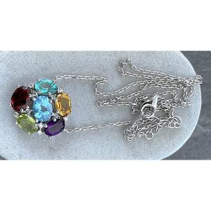 COLLIER " TUTTI FRUTTI " ARGENT 925 -TOPAZE-GRENAT-AMETHYSTE-PERIDOT-CITRINE- XX°