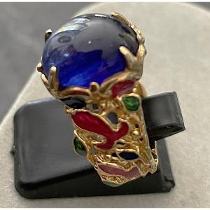 925 Sterling Silver Vermeil Ring - 8.7 Carats Oval Cabochon Sapphire - 20th Century