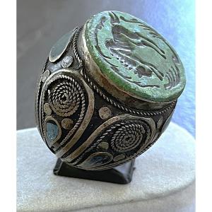 Silver-plated Metal Seal Ring - Engraved - Central Asia - 19th–20th Centuries