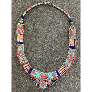 Nepalese Ethnic Necklace - Silver - Coral - Turquoise - Lapis Lazuli - 20th Century