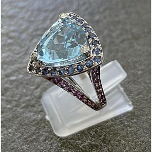 BAGUE MAUBOUSSIN " TELLEMENT SUBSTILE POUR TOI " OR 18K - AIGUE MARINE- SAPHIRS- DTS- AMETHYSTE