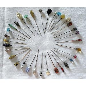 Set Of 33 Hat Pins - Various Shapes And Colors - 19th–20th Centuries