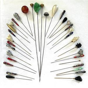 Set Of 33 Hat Pins—various Shapes—19th–20th Centuries
