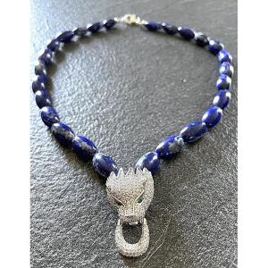 Choker Necklace - 925 Silver - Lapis Lazuli & Zirconium Oxide - Panther Head - 20th Century