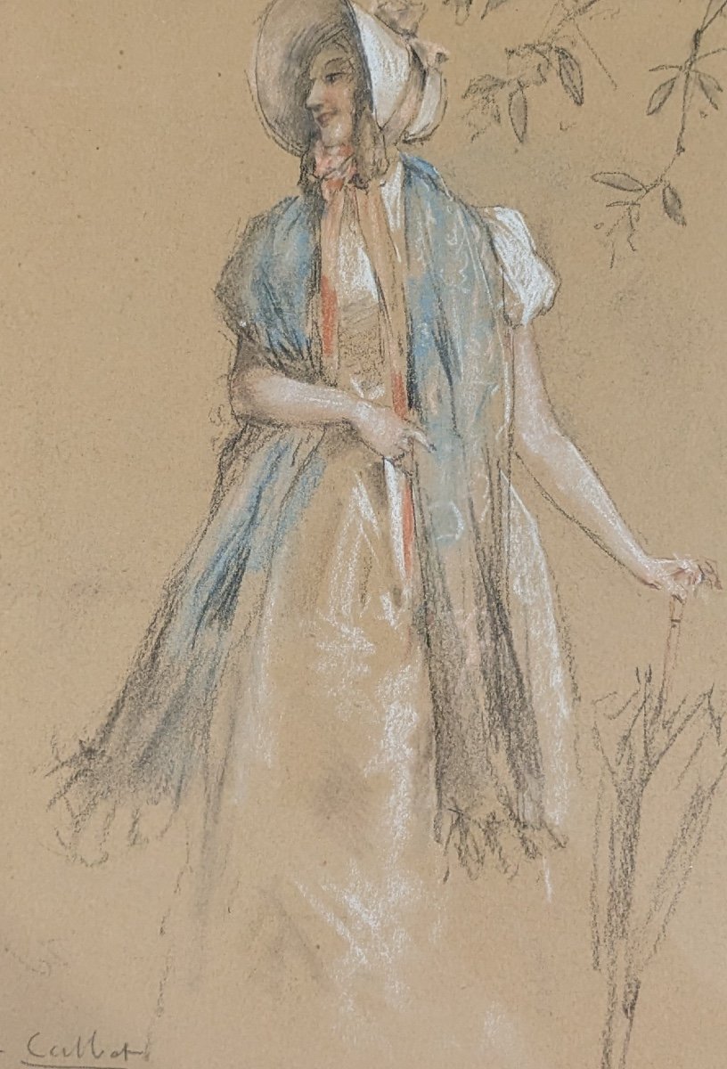 Antoine CALBET  élégante à l’ombrelle portrait femme dessin fusain pastel -photo-2
