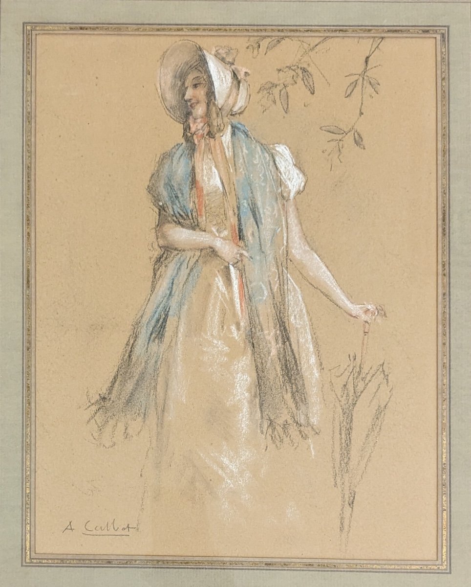 Antoine CALBET  élégante à l’ombrelle portrait femme dessin fusain pastel -photo-4
