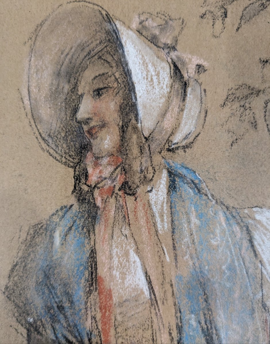 Antoine CALBET  élégante à l’ombrelle portrait femme dessin fusain pastel -photo-1