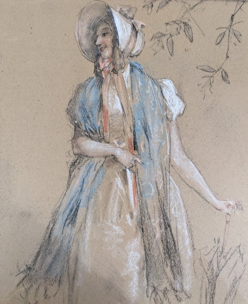 Antoine CALBET  élégante à l’ombrelle portrait femme dessin fusain pastel -photo-2