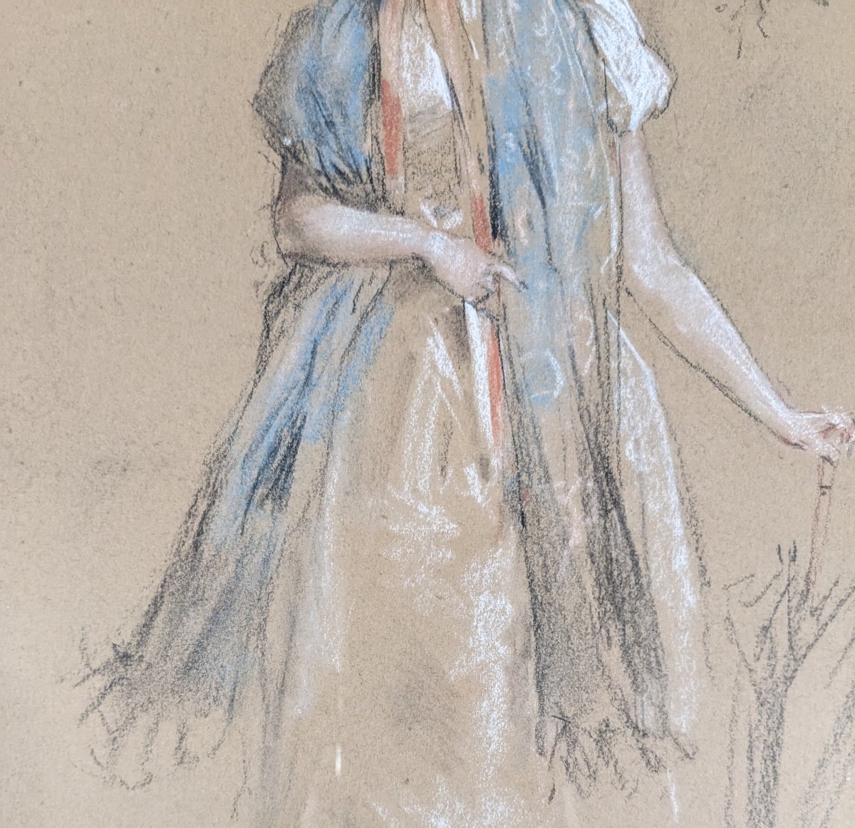 Antoine CALBET  élégante à l’ombrelle portrait femme dessin fusain pastel -photo-3