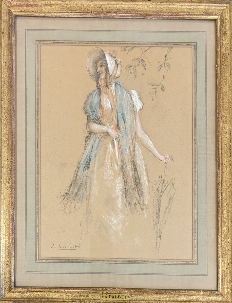 Antoine CALBET  élégante à l’ombrelle portrait femme dessin fusain pastel 