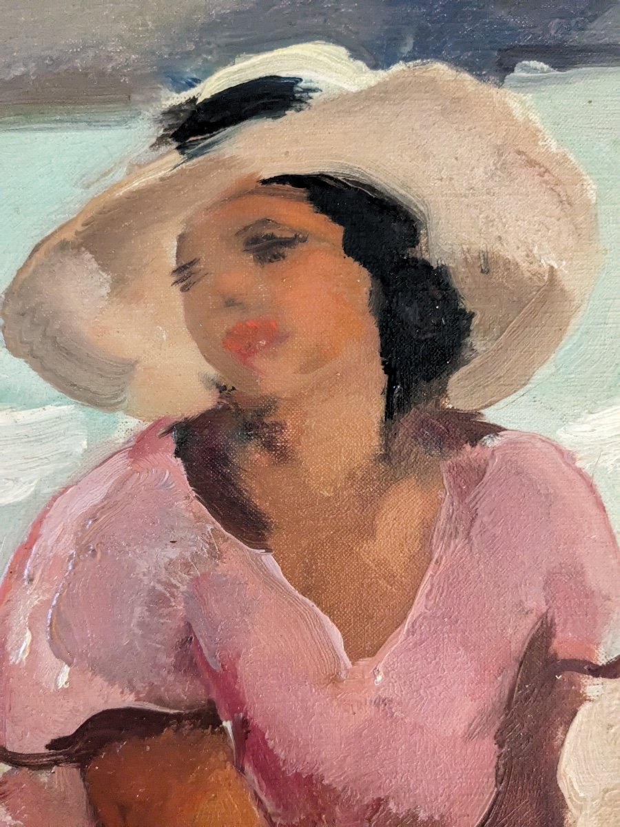 Charles Picart Le Doux Woman With Hat On The Beach Spain Oil On Canvas -photo-4