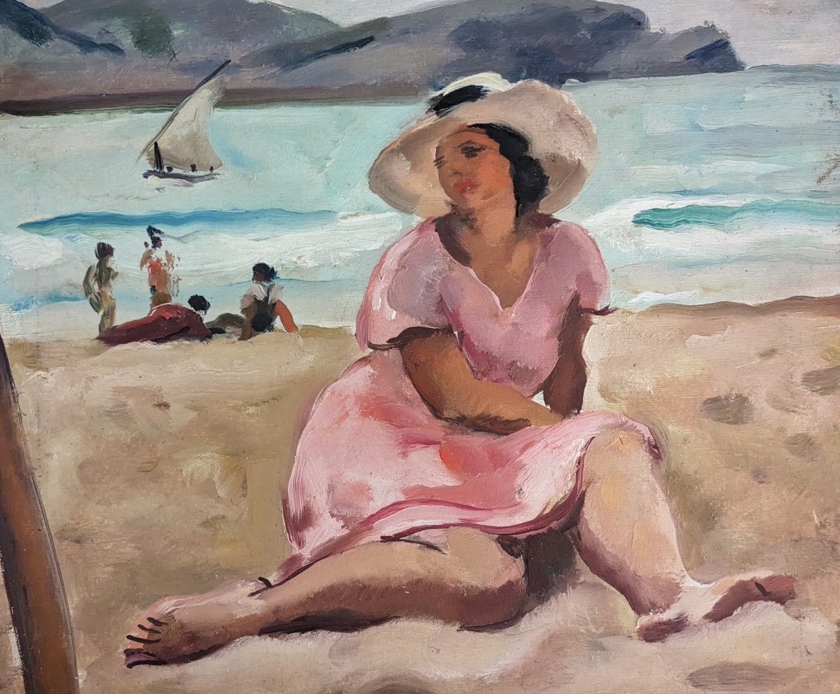 Charles Picart Le Doux Woman With Hat On The Beach Spain Oil On Canvas -photo-1