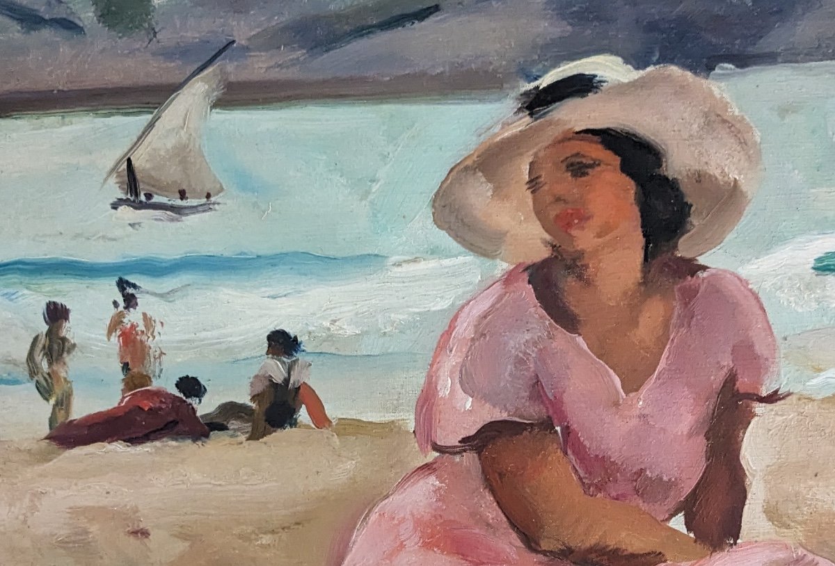 Charles Picart Le Doux Woman With Hat On The Beach Spain Oil On Canvas -photo-5
