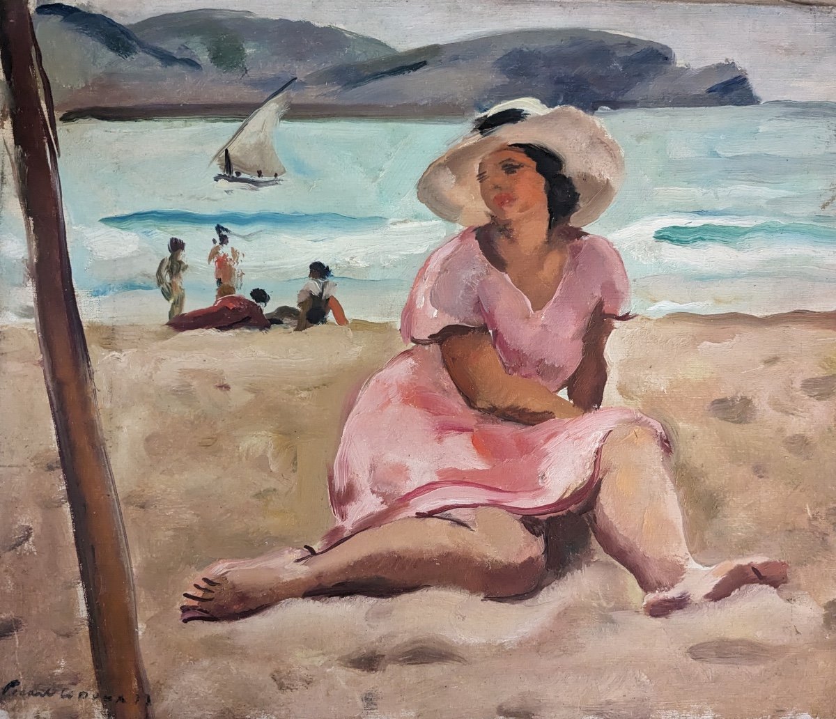 Charles Picart Le Doux Woman With Hat On The Beach Spain Oil On Canvas 