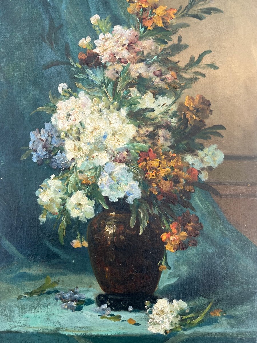 Eugene Henri Cauchois Huile Sur Toile Bouquet De Fleurs Nature Morte -photo-1