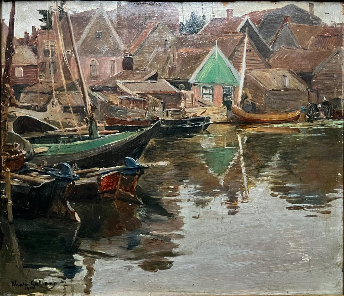 Alvaro Alcalá Galiano Peinture impressionniste Paysage Hollande Bateaux Port Animé Pays Basque-photo-2