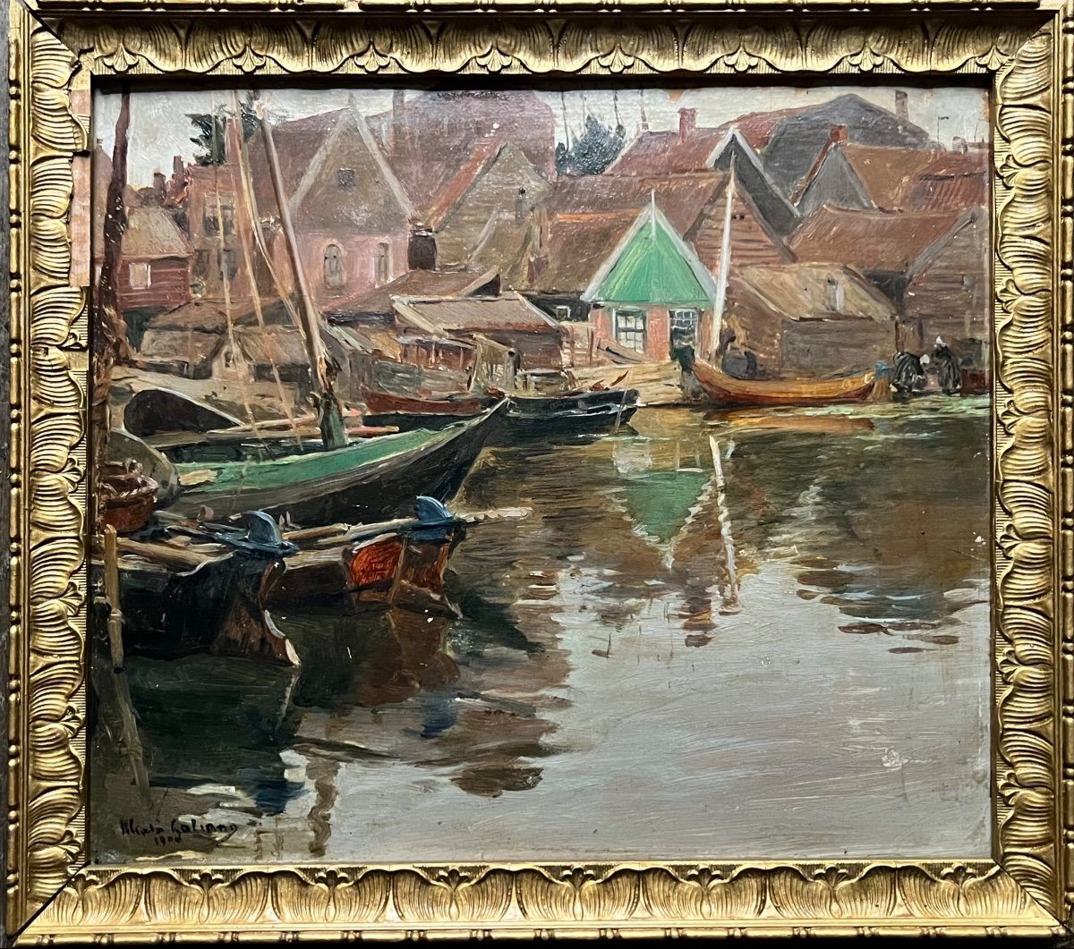 Alvaro Alcalá Galiano Peinture impressionniste Paysage Hollande Bateaux Port Animé Pays Basque