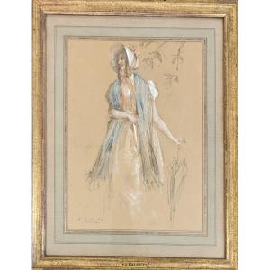 Antoine Calbet Elegant Woman Portrait With Umbrella Pastel Charcoal Drawing