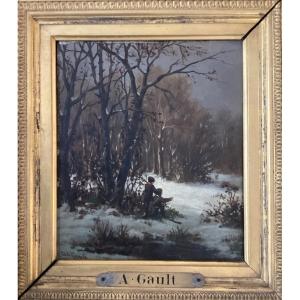 Alfred de GAULT « enfants appâtant un renard sous la neige » - huile sur panneau XIXe, chasse 