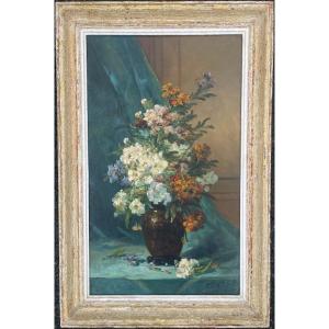 Eugene Henri Cauchois Oil On Canvas Bouquet Of Flowers Still Life 