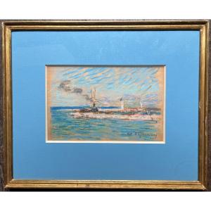 Auguste Pegurier Pastel On Panel The Port Of Saint Tropez Marine Boat Drawing
