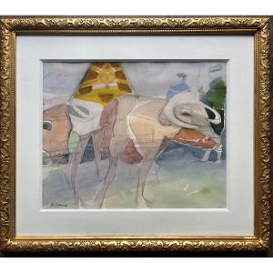 Camille Hilaire Bull In Procession Original Watercolor Animal Religion Mythology 