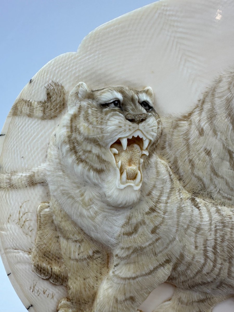 Ivory Carving Of Tigers, Tomioka Meiji Period-photo-2