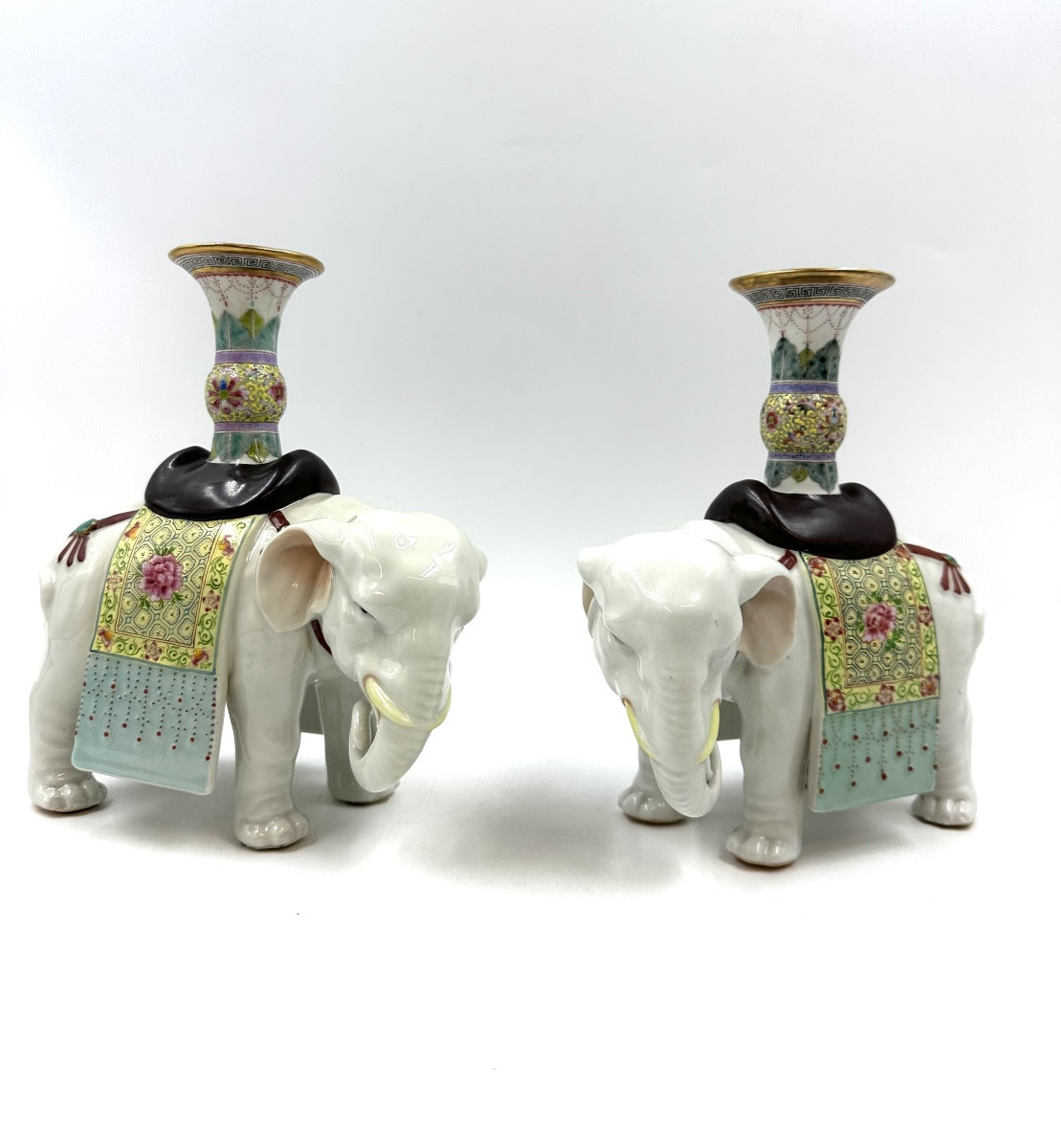 Pair Of Elephant Candlesticks In Famille Rose Chinese Porcelain
