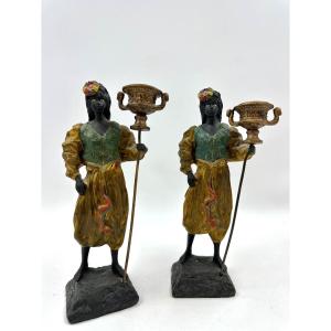 Pair Of Nubian Bronze Candlesticks Vienne Bronze