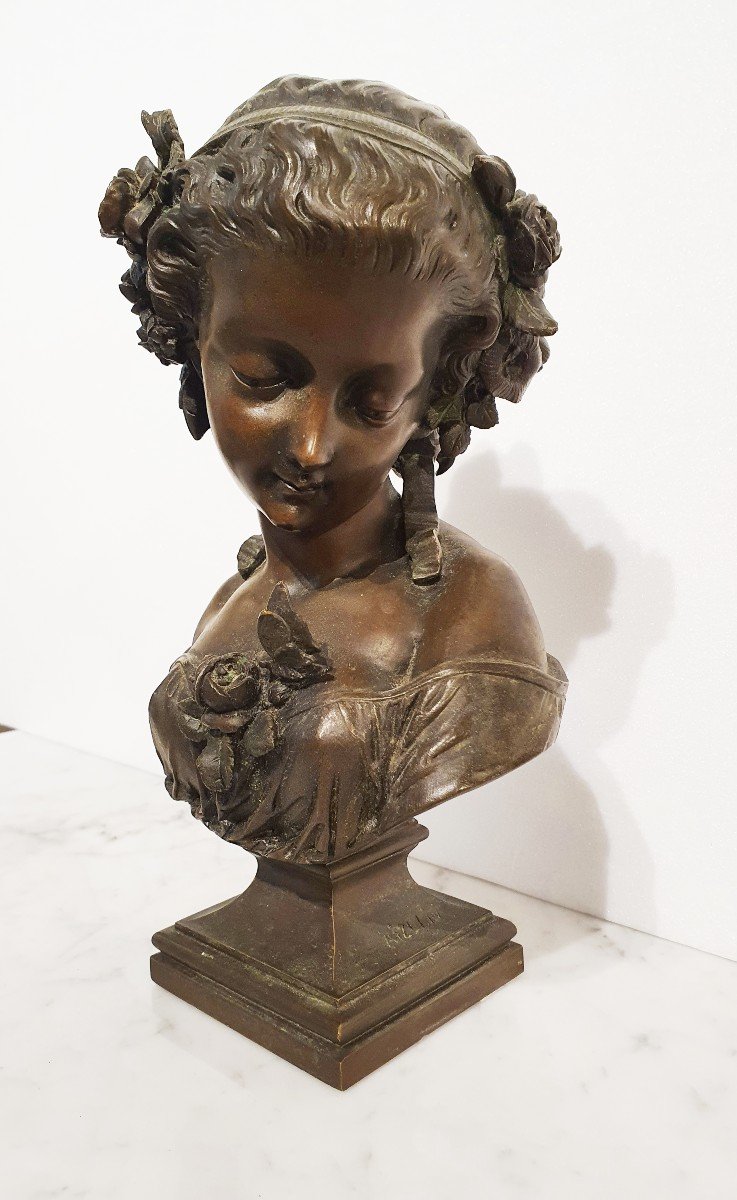 Bust Of Young Melancholic Woman In Patinated Bronze By Eugène-antoine Aizelin.-photo-2