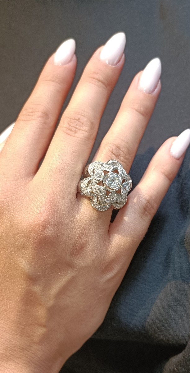 Bague fleur dôme platine et diamants-photo-4