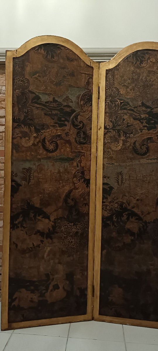Paravent cuir de Cordoue et peintures XVIIIème-photo-4