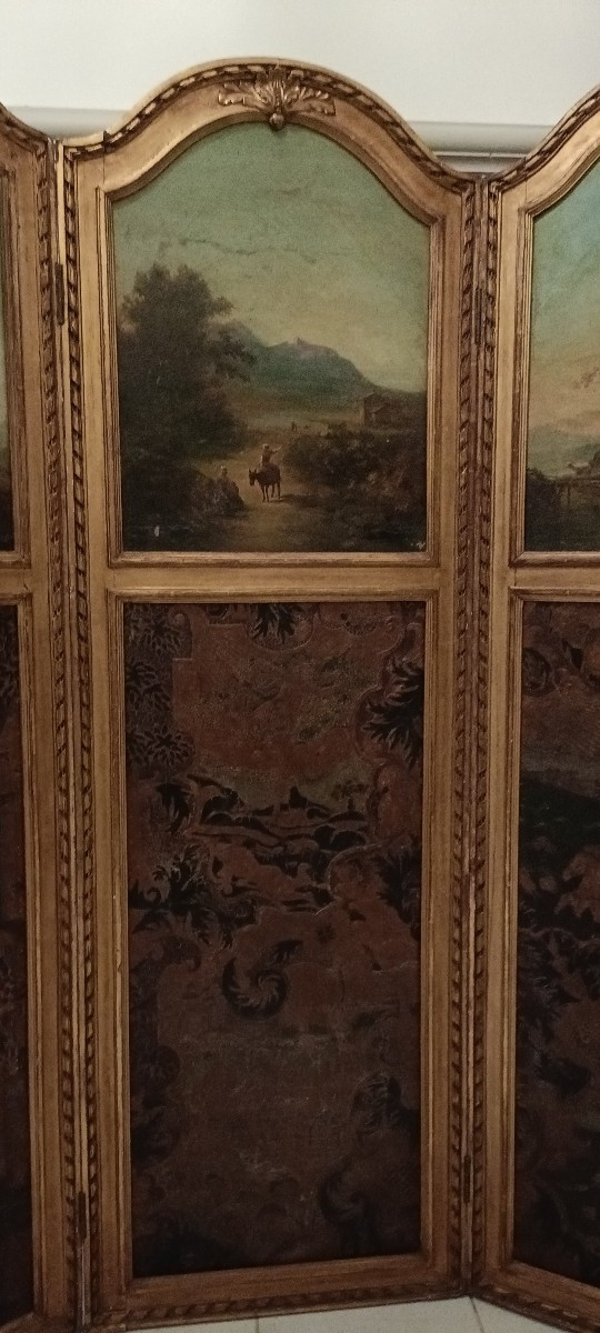 Paravent cuir de Cordoue et peintures XVIIIème-photo-3
