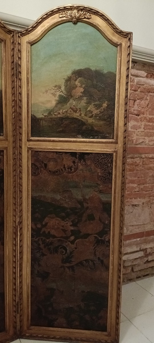 Paravent cuir de Cordoue et peintures XVIIIème-photo-4