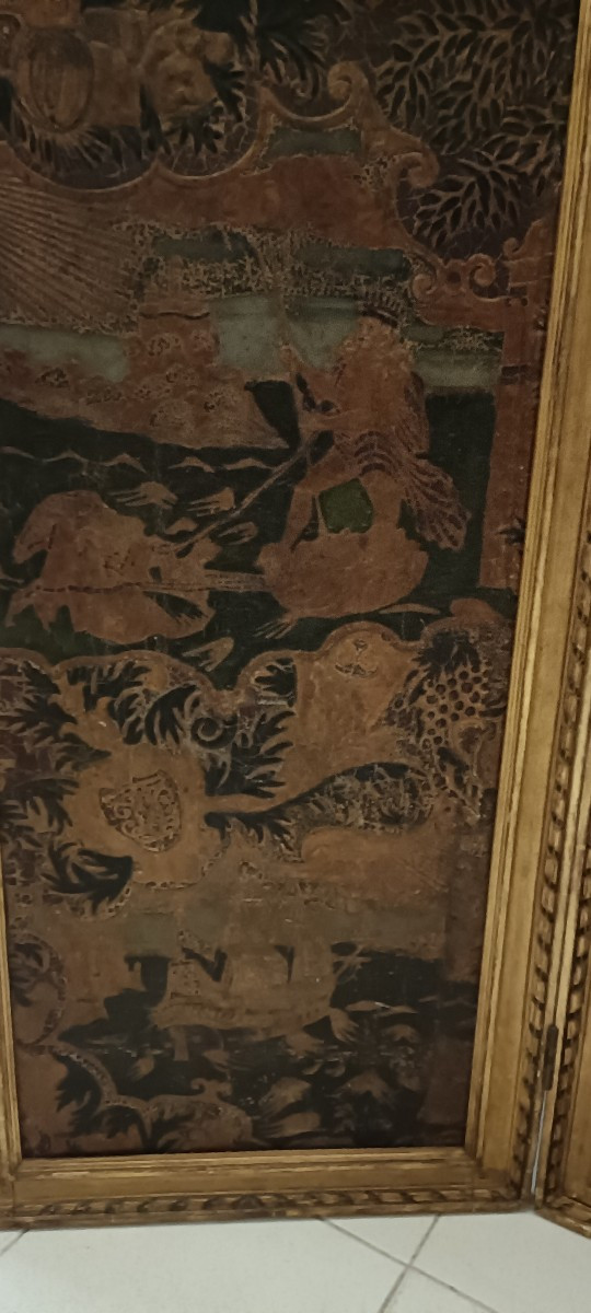 Paravent cuir de Cordoue et peintures XVIIIème-photo-5
