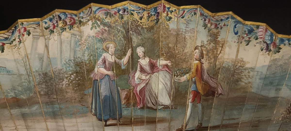 18th Century Fan With Gouache And Gallant Scene-photo-2