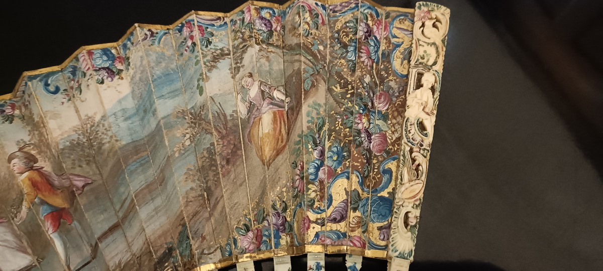 18th Century Fan With Gouache And Gallant Scene-photo-3