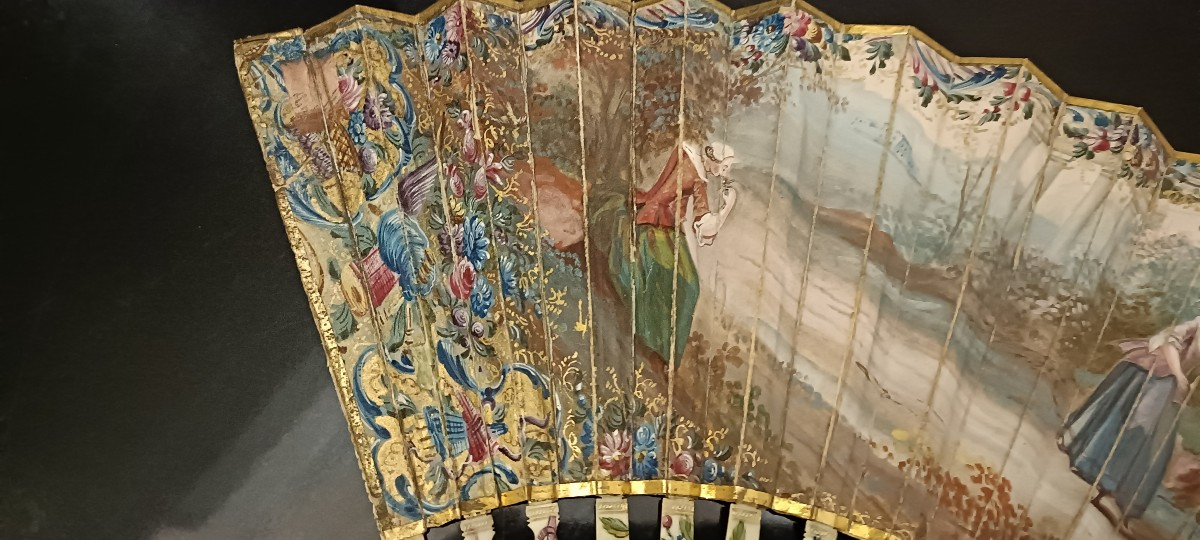 18th Century Fan With Gouache And Gallant Scene-photo-3