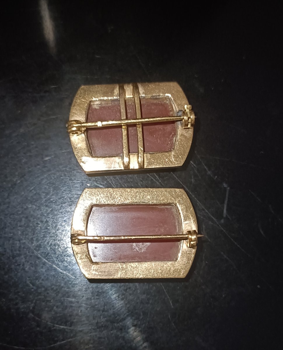 Pair Of Hardstone Cameos Set As Brooches, 19th Century-photo-5