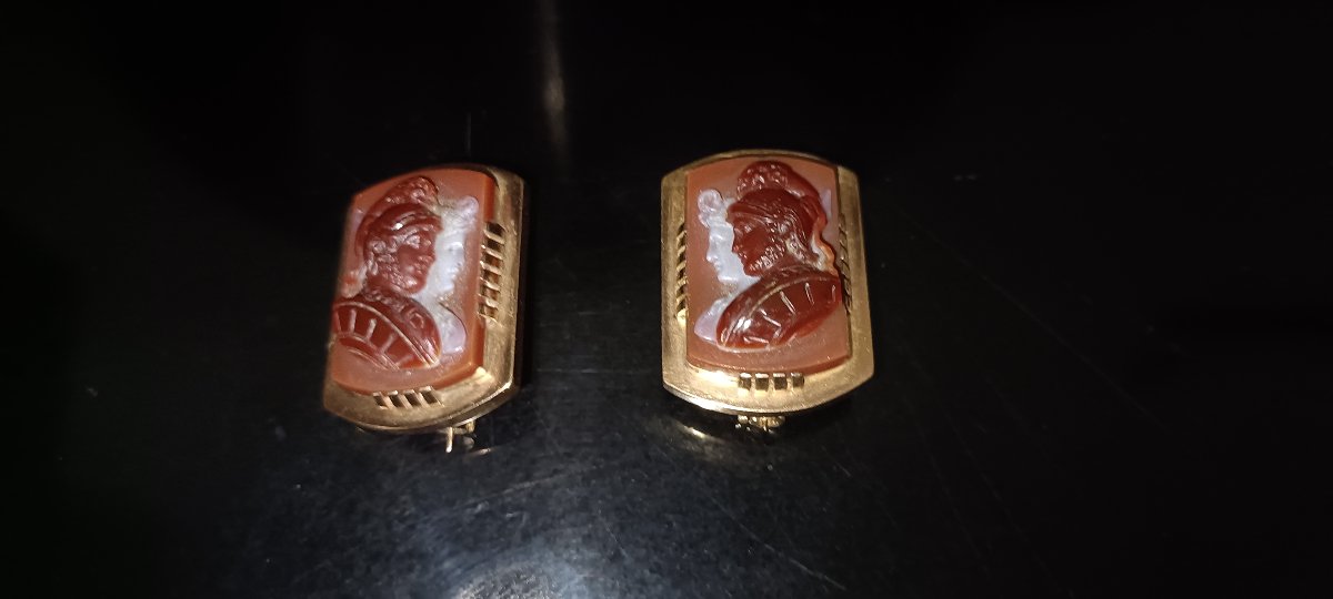 Pair Of Hardstone Cameos Set As Brooches, 19th Century-photo-8