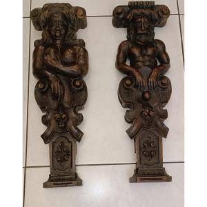 Pair Of Terms Man And Woman Carved Wood 19th