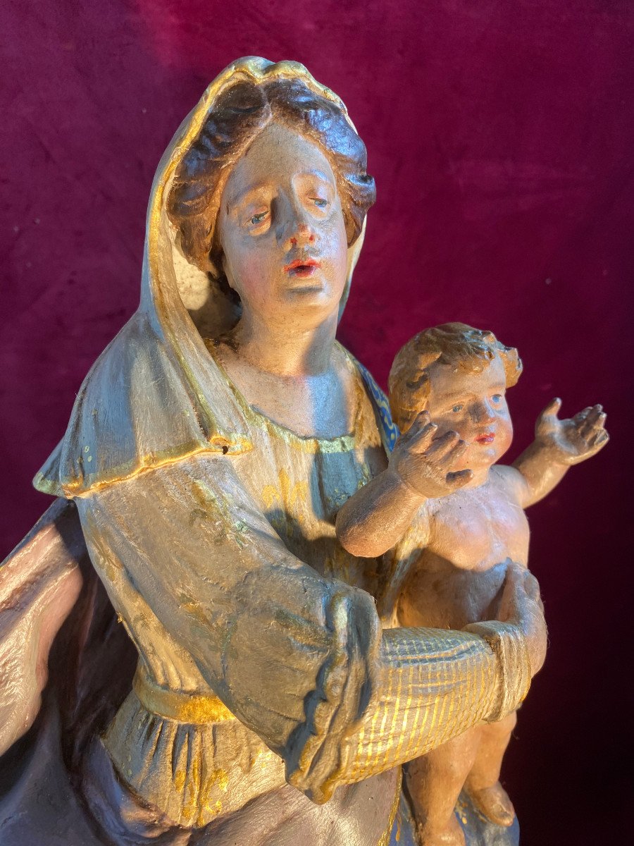 Vierge A L Enfant En Bois Polychrome XVIII Eme Siecle-photo-1