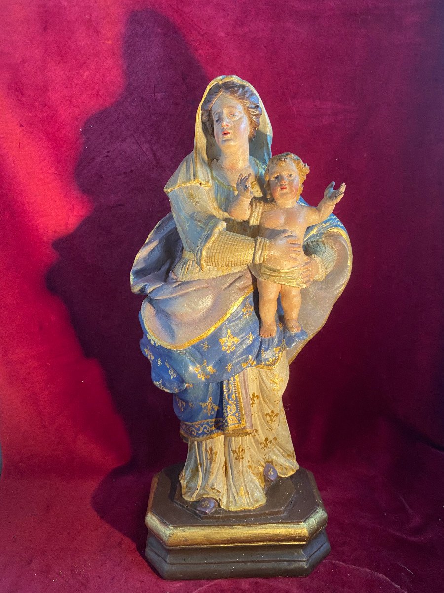 Vierge A L Enfant En Bois Polychrome XVIII Eme Siecle