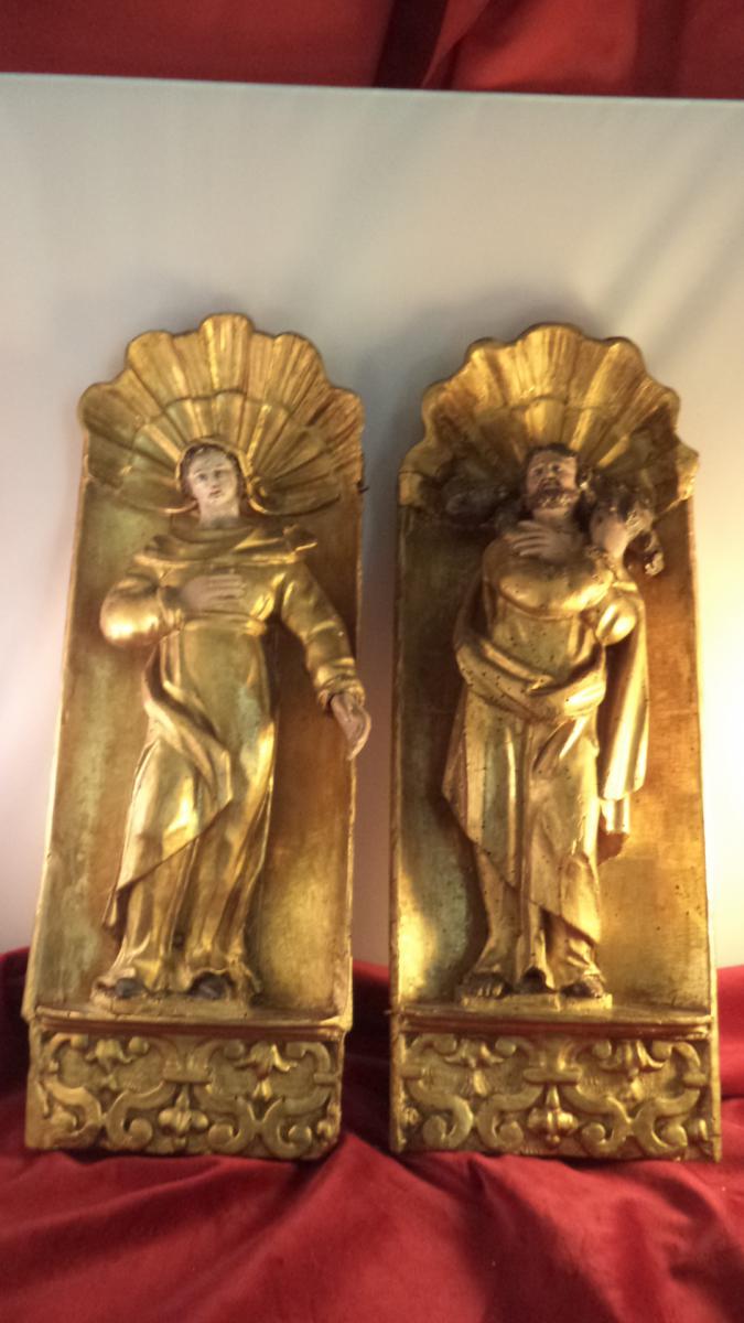Pair Of Top Two Saints Bois Dore Reliefs